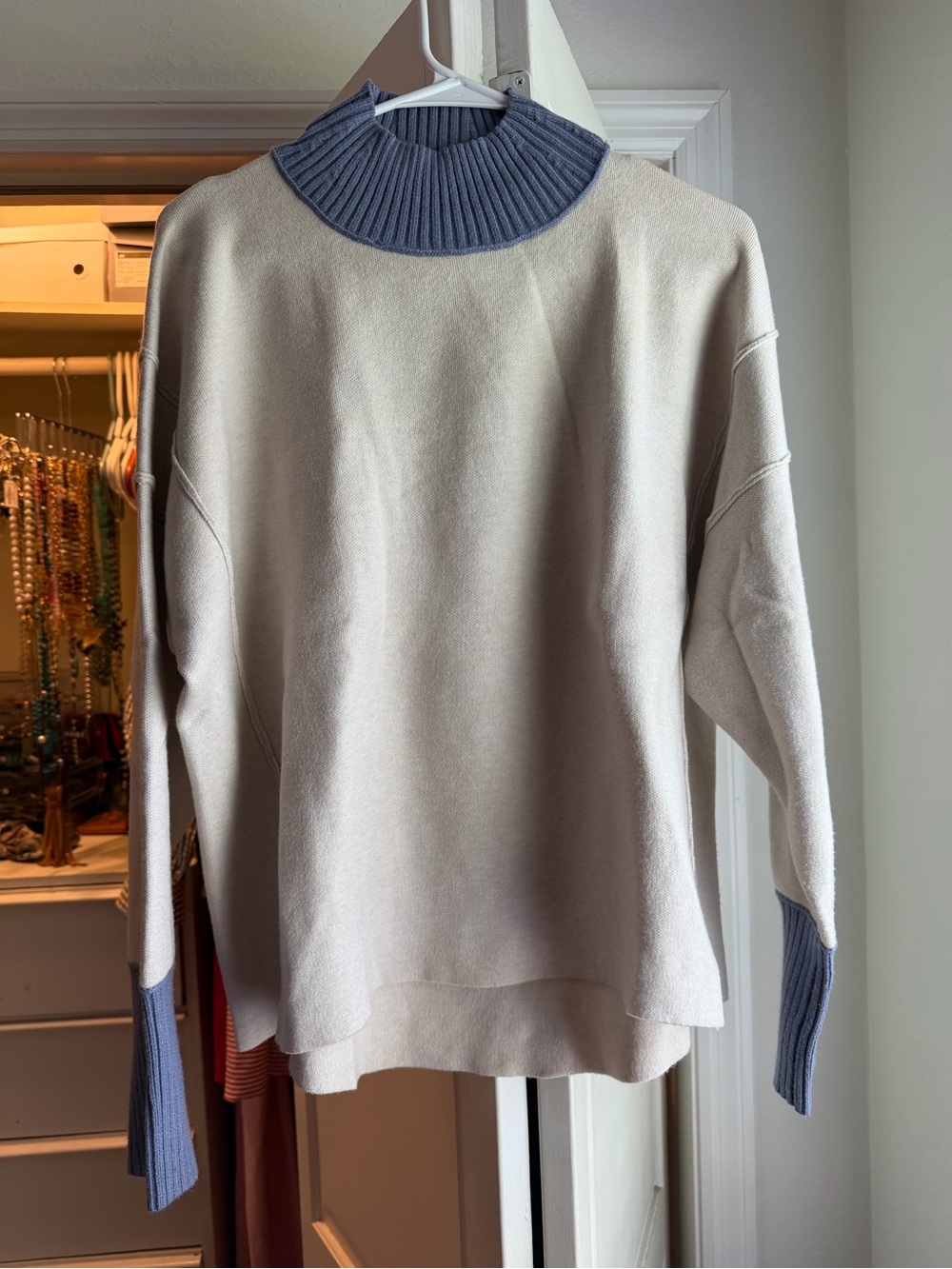 entro Two-Tone Mock Neck Sweater — Cream with Blue Accents